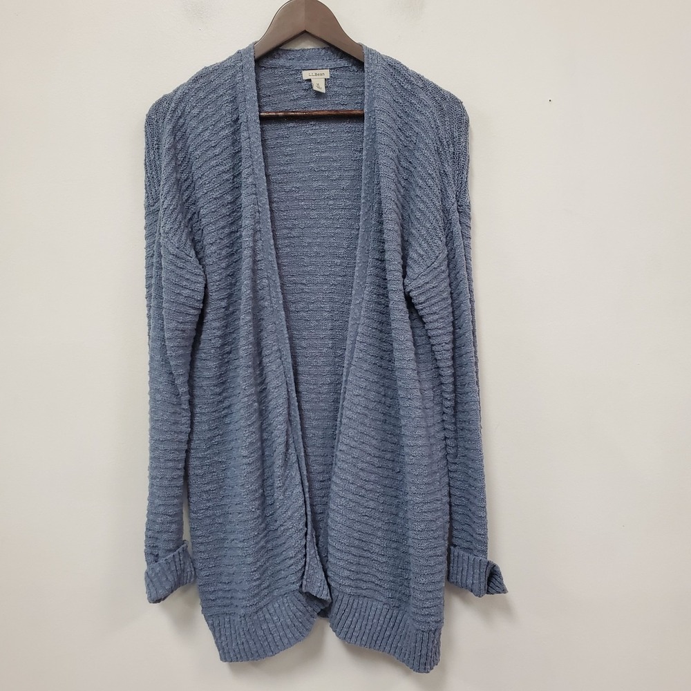 Ll Bean Womens 100% Cotton Ribbed Open Front Cardigan Sweater Size M Blue Long